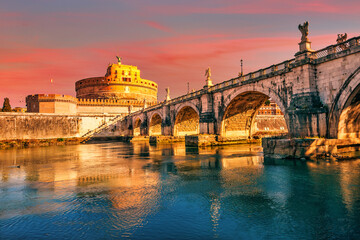 Fototapete - Saint Angel Castle and bridge over the Tiber river in Rome at sunrise