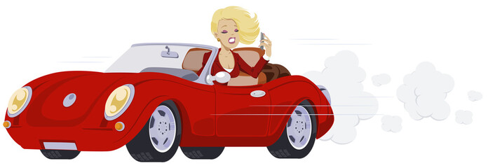 Wall Mural - Girl makes selfie in car. High-speed driving. Illustration for internet and mobile website.