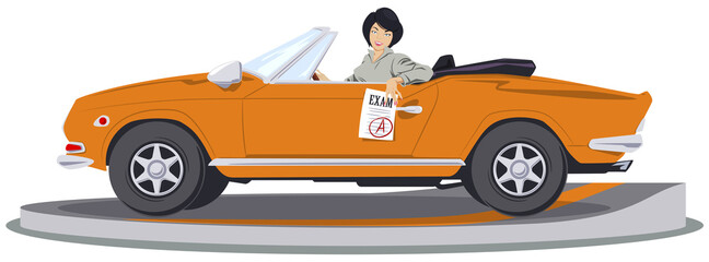 Wall Mural - Beautiful woman at driving lesson. Driver's license. Illustration for internet and mobile website.