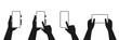 Human hand holding smartphone set icon. Touching smartphone display. Phone holding flat icon sign. Human hands hold vertically and horizontally mobile phone. Phone in hand and click finger sign.