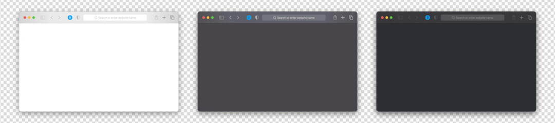 Browser window vector set. Isolated computer browser template on alpha background. Blank browser page mockup. For laptop, computer, monitor, tablet device. White, gray, black design. Realistic UI elem
