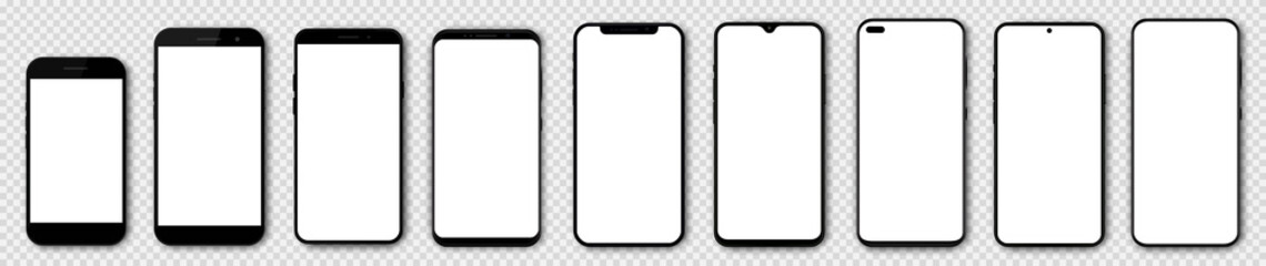Poster - Set high quality realistic trendy different black models smartphone with white empty touch screen and shadow front view. Detailed mockup smartphone, model 3D mobile phone, app, ui, ux, front view.