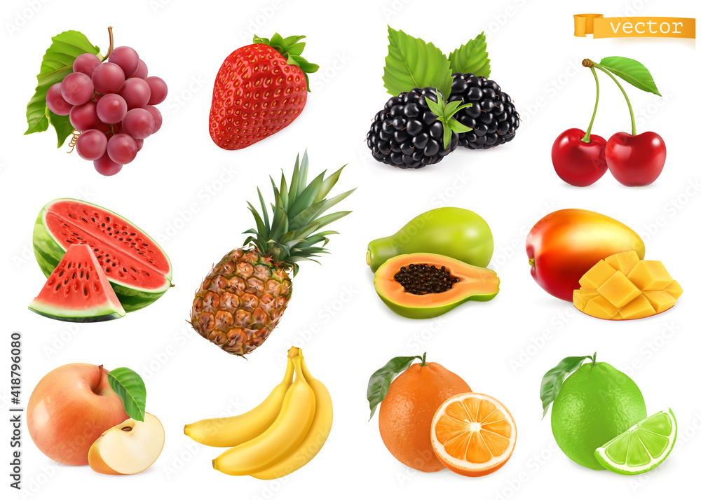 Grapes, strawberry, blackberry, cherry, watermelon, pineapple, papaya, mango, apple, banana, orange, lime. 3d realistic vector objects - obrazy, fototapety, plakaty 