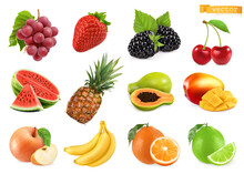 Grapes, Strawberry, Blackberry, Cherry, Watermelon, Pineapple, Papaya, Mango, Apple, Banana, Orange, Lime. 3d Realistic Vector Objects