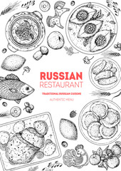 Wall Mural - Russian cuisine top view frame. Food menu design elements. Traditional dishes. Russian food. Doodle collection. Vintage hand drawn sketch vector illustration. Menu background. Engraved style.