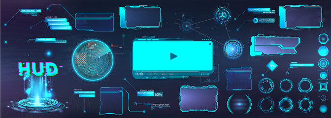 Wall Mural - Sci-fi HUD UI elements for business Mobile App. Futuristic User Interface UI, UX, HUD. Virtual graphic touch Head Up Display. Digital box - Frame screens, Circle, Holograms, Callouts titles. Vector