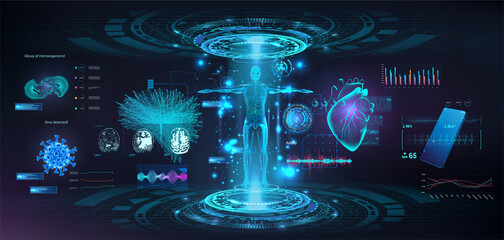 Wall Mural - Sci-fi medical HUD UI elements for healthcare App. Virtual graphic touch user interface. 3D body, hologram, mri body, heart, brain and other organs. Futuristic user interface HUD, GUI, UI. Vector set