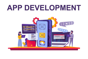 Aufkleber - App development web concept in flat style. People working, develop application, program coding, code processing, office teamwork scene. Vector illustration of cartoon characters for website design