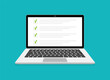 © Anya - Online exam, checklist and online testing on laptop screen. Online surveys form on the computer screen. Flat design. Vector illustration.