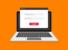 Login Form On Laptop Screen. Login And Password Form Page. Account Login User. Sign In To Account. Username And Password Fields For Authorization. Flat Design. Vector Illustration.