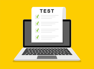 Online exam, checklist and online testing on laptop screen. Online surveys form on the computer screen. Flat design. Vector illustration.