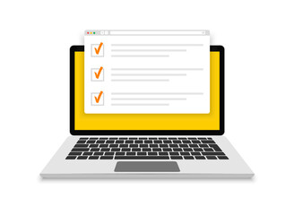 Online exam, checklist and online testing on laptop screen. Online surveys form on the computer screen. Flat design. Vector illustration.