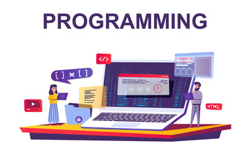 Programming and coding web concept in flat style. People making program software at office, development and testing program code scene. Vector illustration of cartoon characters for website design