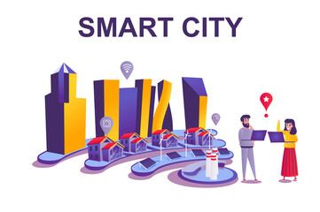 Fototapete - Smart city web concept in flat style. People use residential infrastructure at laptops, modern communication technology, eco energy scene. Vector illustration of cartoon characters for website design