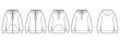 Set of Zip-up Hoody sweatshirt technical fashion illustration with long sleeves, oversized body, kangaroo pouch, banded hem. Flat extra large template front, back, white color. Women, men CAD mockup