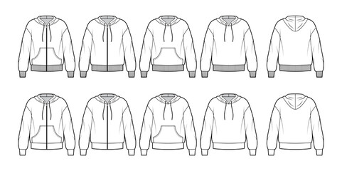 Sticker - Set of Zip-up Hoody sweatshirt technical fashion illustration with long sleeves, oversized body, kangaroo pouch, knit cuff. Flat template front, back, white color. Women, men, unisex CAD mockup