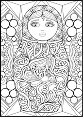 Wall Mural - black and white russian matreshka doll coloring page, postcard, illustration