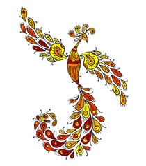 Poster - Firebird with a Majestic Tail. Phoenix Bird. Mythical character. Ornamental Silhouette for your design