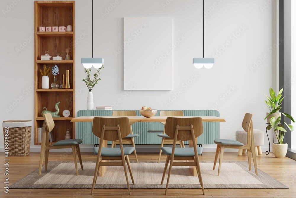 Mock up poster in modern dining room interior design with white empty ...