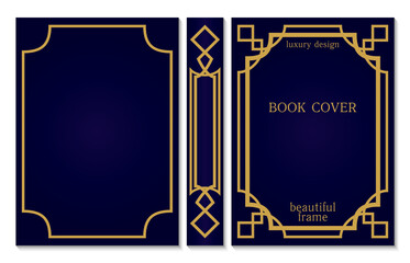 Sample design template for Book cover and spine. Gold Old frames. Art Deco geometric Brochure design. Abstract pattern. Presentation cover.