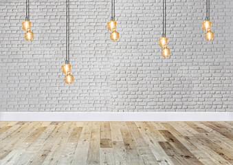 white stone wall empty room and interior design, hanging lamp. 3D illustration