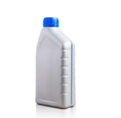 Gray plastic can machine lubricating oil bottle 1 liter with a blue cap for machine engine isolated on over white background with clipping path