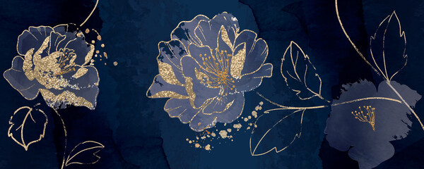 Wall Mural - minimal background in navy blue peony flowers and tropical summer golden leaf
