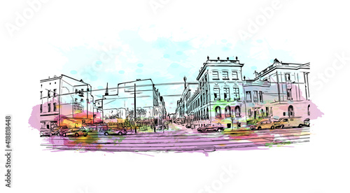 Building view with landmark of Katowice is the 
city in Poland. Watercolour s...