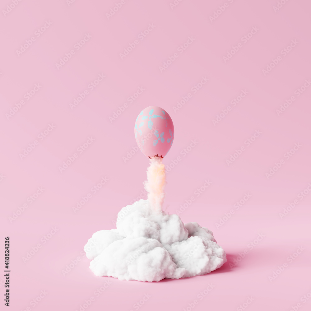 Easter egg rocket on pastel pink background. Creative idea minimal concept. 3d rendering - obrazy, fototapety, plakaty 