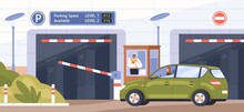 Car At Parking Entrance With Barrier. Scene With Guard In Booth Opening Gate And Letting Driver To Drive Into Paid Parking Lot. Colored Flat Cartoon Vector Illustration Of Underground Garage Entry