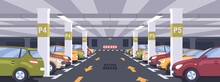 Panoramic View Of Urban Underground Car Park Full Of Parked Autos. Basement Garage Interior With Markings, Signs, Columns And Reserved Parking Lots. Colored Flat Vector Illustration