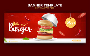 food or culinary ads banner template. illustration vector with realistic burger, chili, plate and cover food.