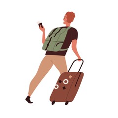 Wall Mural - happy person traveling with luggage. tourist saying goodbye and leaving with suitcase, passport and 