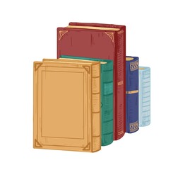 Row of ancient historical books in hardcovers isolated on white background. Pile of different old textbooks and encyclopedias for reading. Colored hand-drawn vector illustration in vintage style