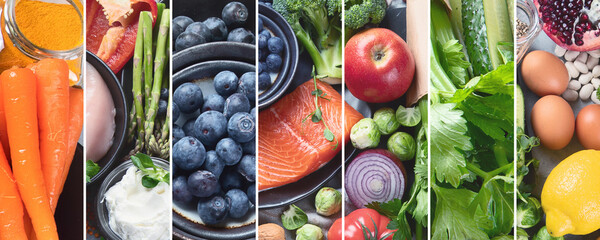 Canvas Print - Collage of healthy food selection on gray background. Detox and clean diet concept.