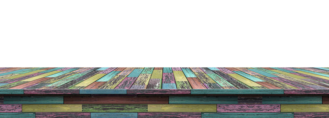 Wall Mural - Colorful wood table top used for display or montage your products, isolated on white background