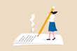 Content writer, blogger, bullet journalist or publishing editor concept, young smart woman freelance holding big pencil thinking and writing content on notepad paper with cup of coffee.