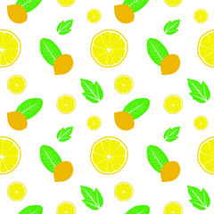  Seamless texture of yellow lemons, green leaves on a tree branch. Fresh, whole fruits on a white background. Citrus. Minimal style. Vector handwriting illustration.