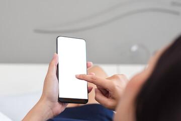 Poster - woman finger touch on smartphone blank white screen. mockup empty of telephone use for text and graphic.