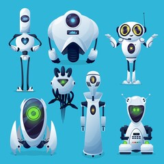 Aufkleber - Future robots, alien robotic life or androids characters. Futuristic machines with artificial intelligence, sci-fi droids or flying drones with tentacles, evil and cute cyborg, ai assistant vector
