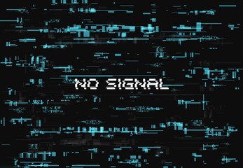 Aufkleber - Glitch effect for no signal screen page. Abstract vector background with blue glitched random elements on black backdrop. Vintage poster with digital noise distortion, messy and noisy pixels pattern