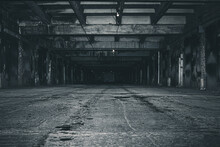 Old Abandoned Building. Scary Dark Underground Parking.