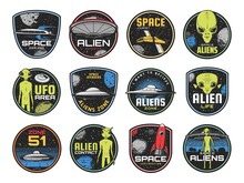 Alien Zone, Ufo Area And Space Shuttles Vector Retro Icons. Extraterrestrial Comer With Green Skin And Huge Eyes. Space Journey Labels With Spaceship In Outer Cosmos, Saucers In Sky, Alien Contact