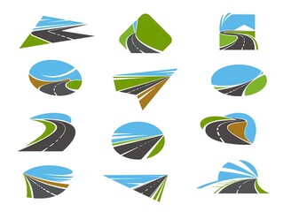 Wall Mural - Road icons, highway and pathway routes with traffic ways, vector. Road construction, repair and maintenance industry, bridge and tunnels building, transport and logistics or travel company symbols