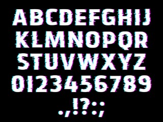 Sticker - Glitch type font, glowing vector alphabet letters, ripple digits and punctuation marks isolated on black background. Distorted glitched effect glow abc uppercase characters, retro style signs set