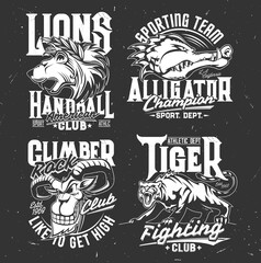 Tshirt prints with mountain goat, alligator, lion and tiger vector mascots. Heads of grin and roar wild animals for fighting and sport club symbols. Apparel rock climber and handball team design set