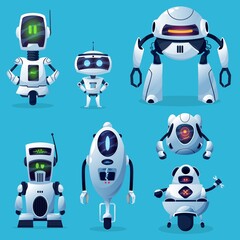 Poster - Cartoon robot vector icons, cyborg characters, toys or bots, artificial intelligence technology. Technical support assistant, friendly robots on wheels with long arms and digital face isolated set