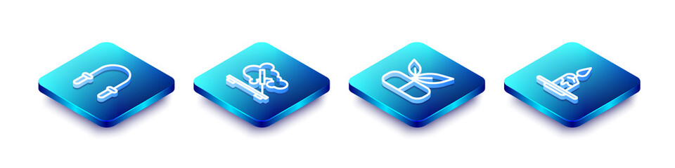 Sticker - Set Isometric line Jump rope, Scented spa stick, Medical pill with plant and Aroma candle icon. Vector.