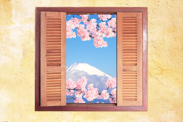 Wall Mural - View of Mount Fuji through window with wooden shutters