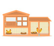vector illustration of a wooden chicken coop with hens hatching eggs. Isolated on a white background